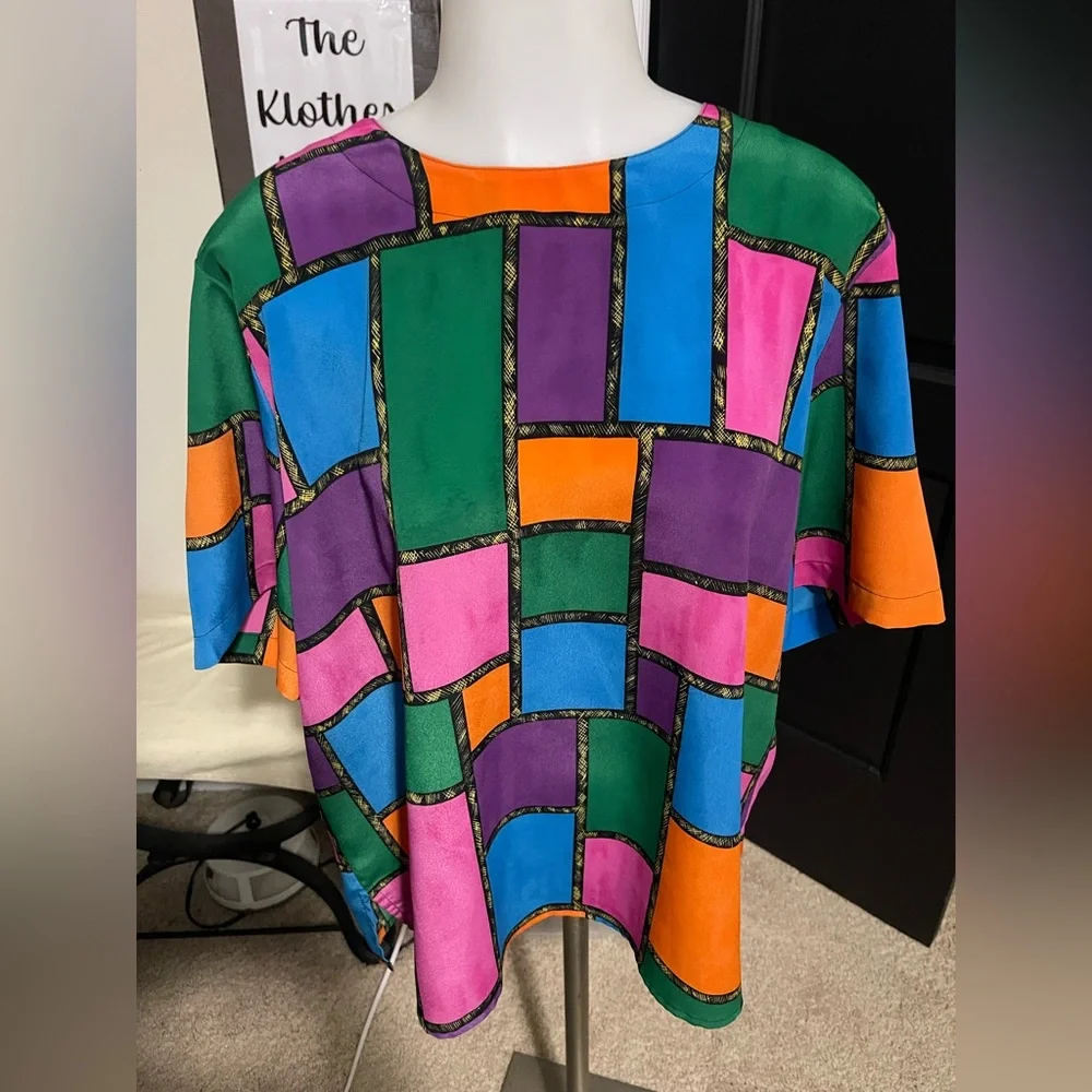 Kathy Che 80s Vintage Multicolor Abstract Short Sleeve Retro Blouse - Picture 2 of 4